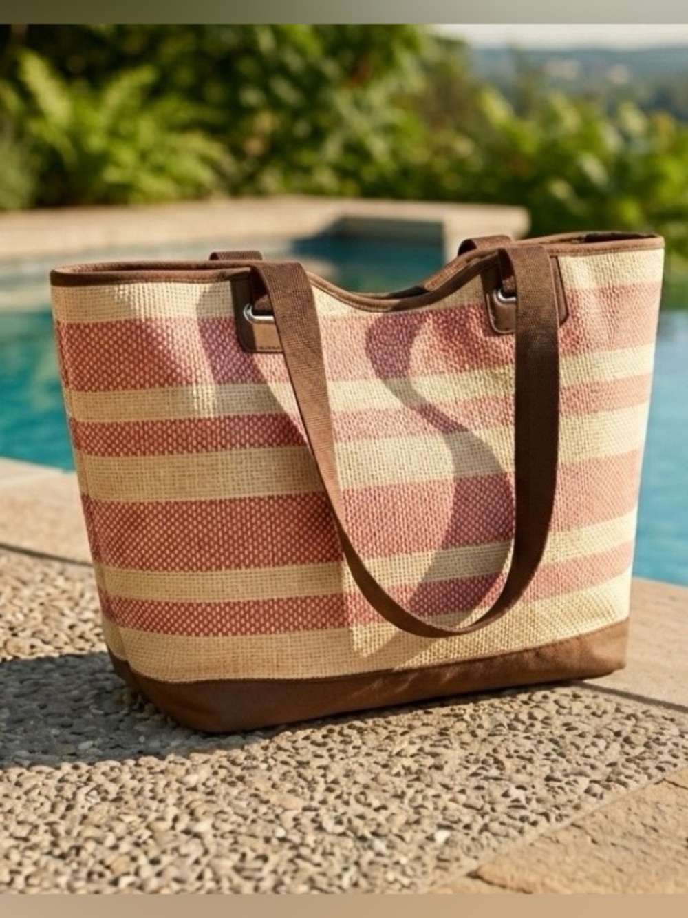 Thirty-One Pink and Beige Quilted Diamond Tote Bag Vacation Coastal Grandmother